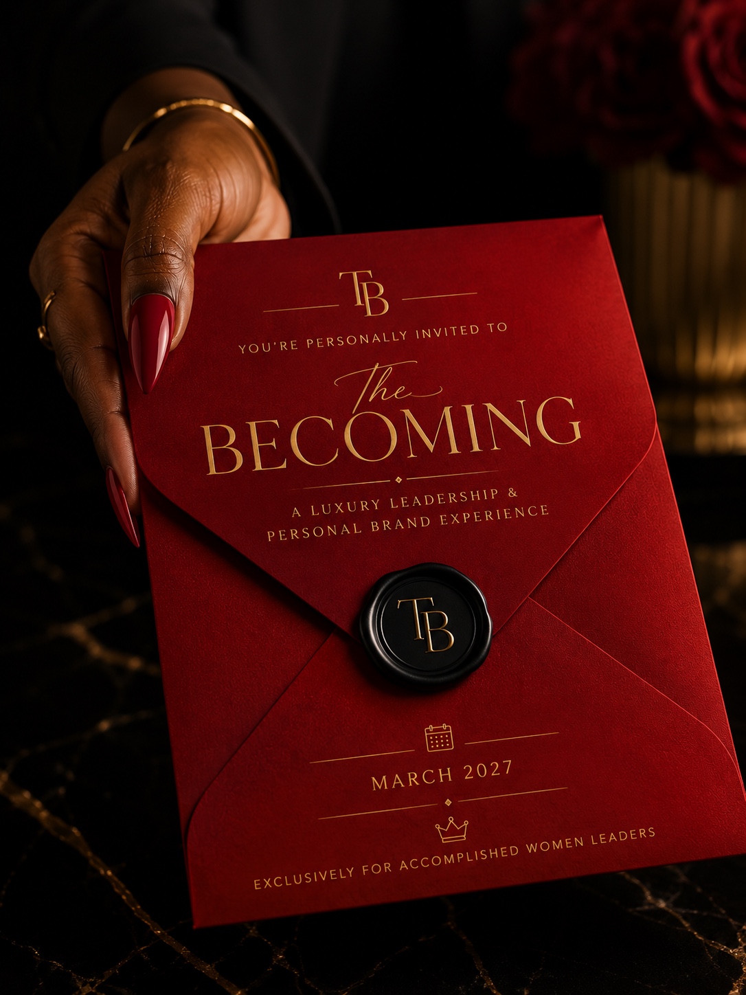 A luxury red invitation to The Becoming experience