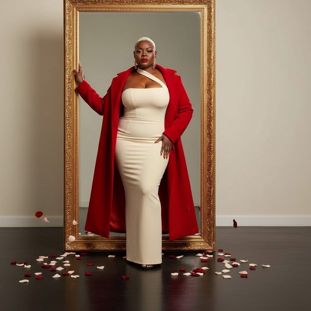 BrandHER client in red coat and cream gown